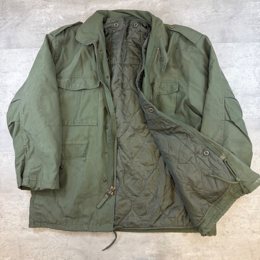 Vintage Military Style M-65 Field Jacket Olive Green with Quilted Liner Large